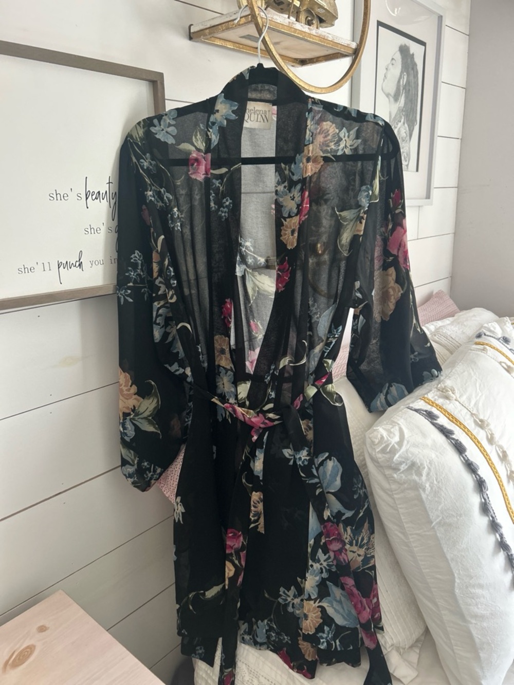 Helena Black Sheer Floral Kimono Robe with Belt